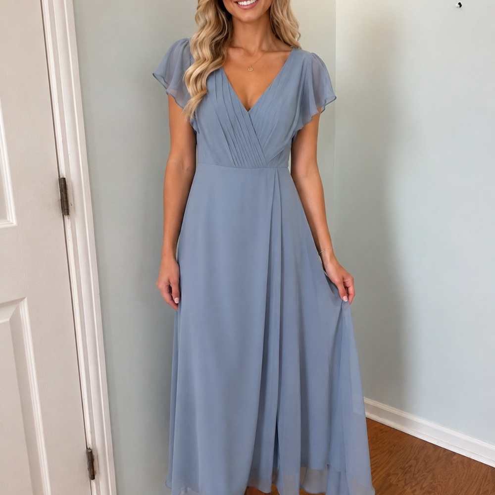 Azazie size 0 NEW WITH TAGS Slate Blue V-Neck Dress formal bridesmaid